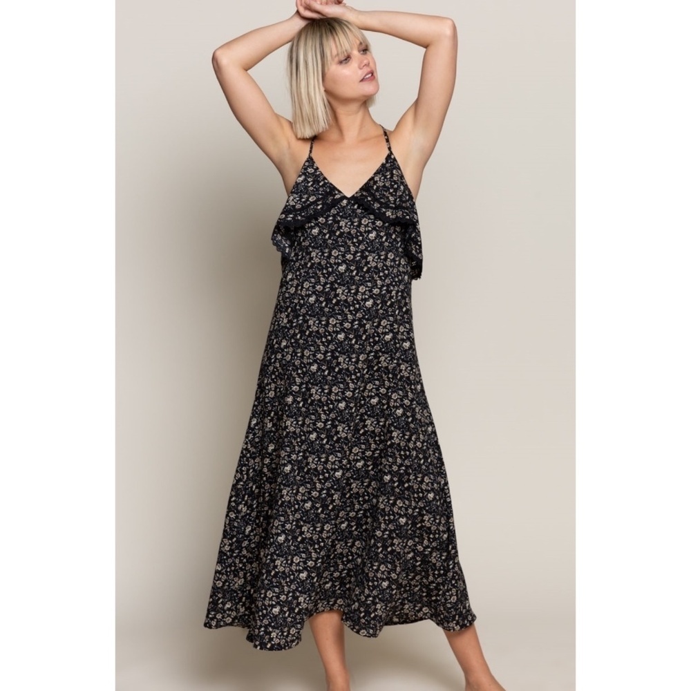 POL Black Small Floral Print V Neck Sleeveless Midi Dress